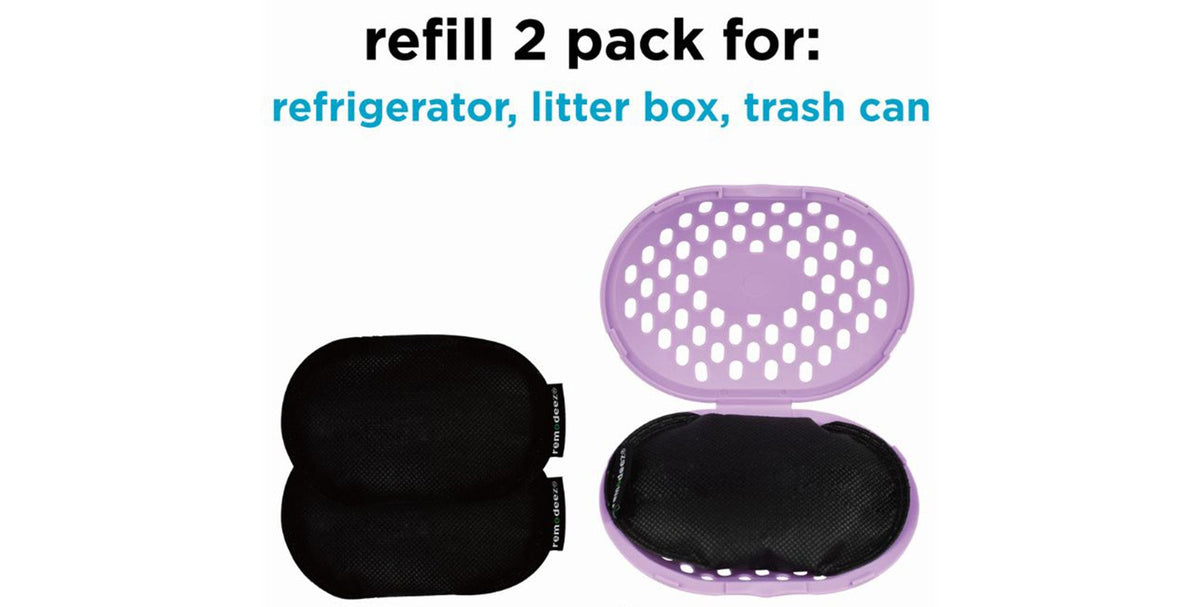 Remodeez OutSmart Smell refill 2 pack for refrigerator, litter box, and trash can, featuring black adhesive pads with oval perforated lids in purple, mint green, blue, and purple, on a white background.